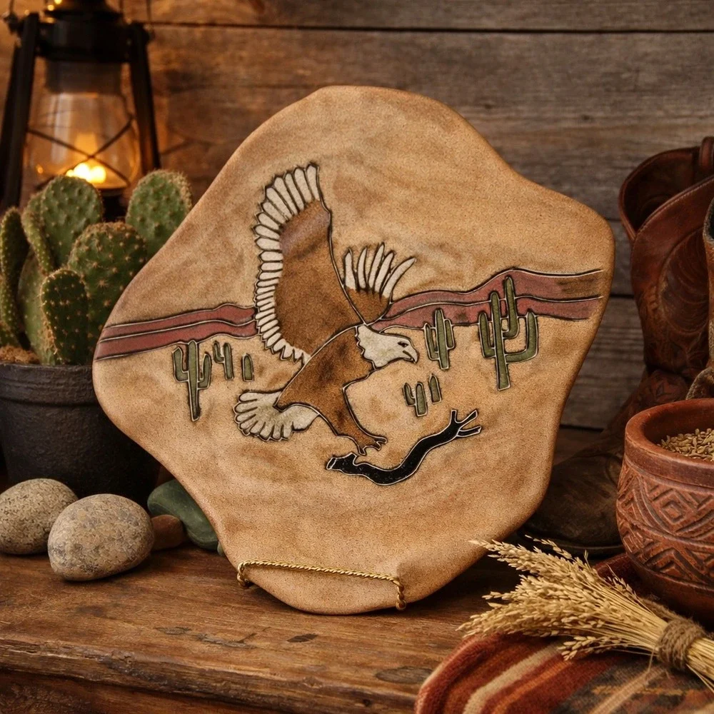 Desert Eagle Cactus Ceramic Art‎ Plate Decor Hand Painted Design By Zura Mexico
